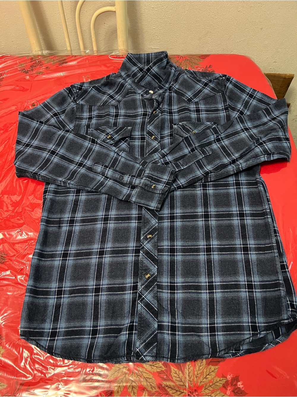 VTG Roebuck & Co Blue plaid flannel shirt mens M western casual comfort cotton